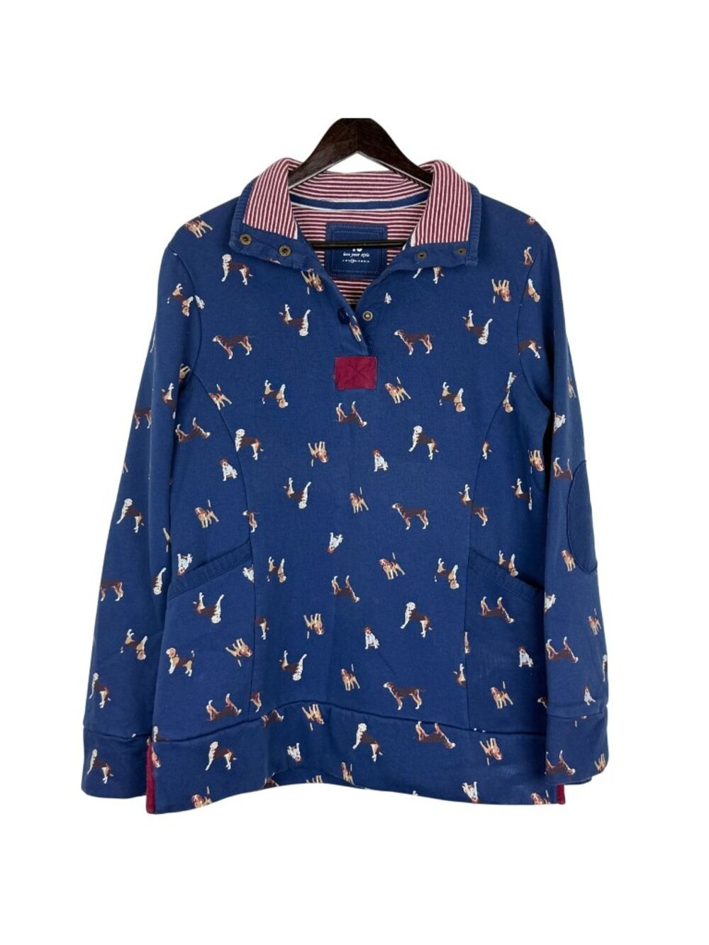 Tu Beagle Print Sweatshirt Women's 14 Blue Collared Elbow Patch Striped Trim